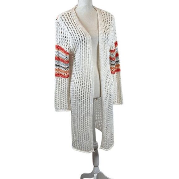 POL Open Knit White / Multicolor Lightweight Open Front Cardigan Long Size Small - Picture 3 of 14